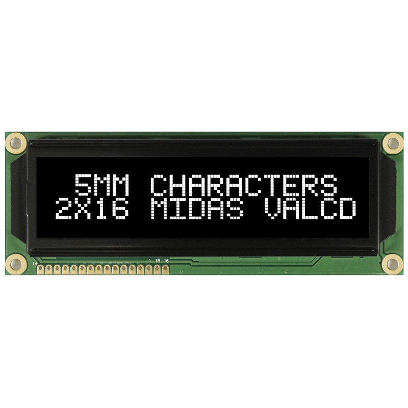 1 pcs - Midas MC21605G12W-VNMLW MC21605 Alphanumeric LCD Display Black, 2 Rows by 16 Characters, Transmissive