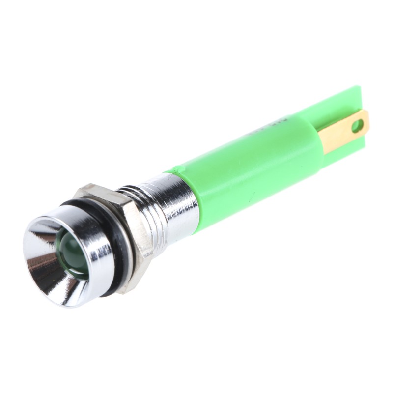 1 pcs - RS PRO Green Panel Mount Indicator, 24V c.c., 8mm Mounting Hole Size, Solder Tab Termination, IP67