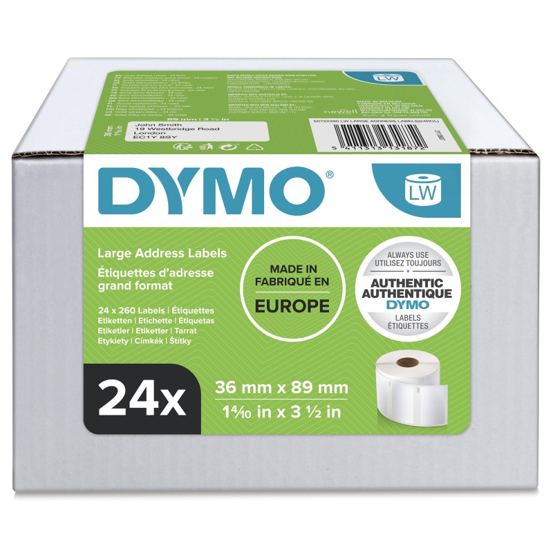 1 Box of 24 - Dymo White Label Roll, 89mm Width, 36mm Height, 260Per Roll Qty