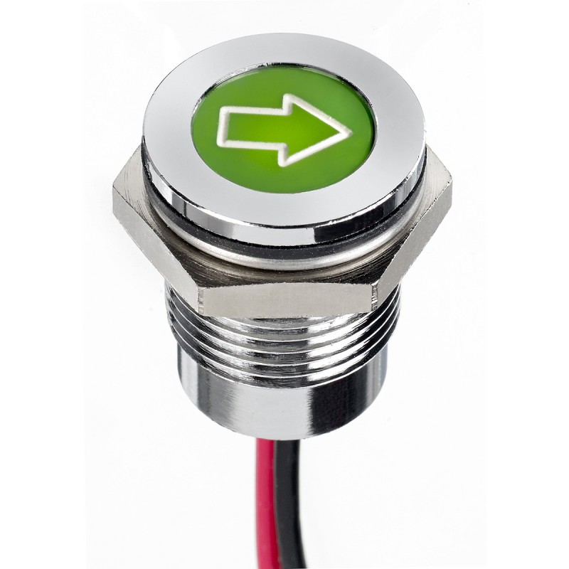 1 pcs - APEM Green Panel Mount Indicator, 12V dc, 14mm Mounting Hole Size, Lead Wires Termination, IP67