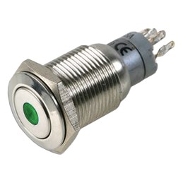 1 pcs - Bulgin MP0045 Series Illuminated Push Button Switch, Latching, Panel Mount, 16.2mm Cutout, DPDT, Green LED, 50V