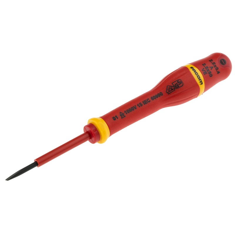 1 pcs - Facom Slotted Insulated Screwdriver, 2.5 x 0.4 mm Tip, 50 mm Blade, VDE/1000V, 153 mm Overall