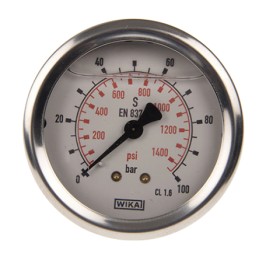 1 pcs - WIKA G 1/4 Analogue Pressure Gauge 100bar Back Entry, 46852703, UKAS, 0bar min.