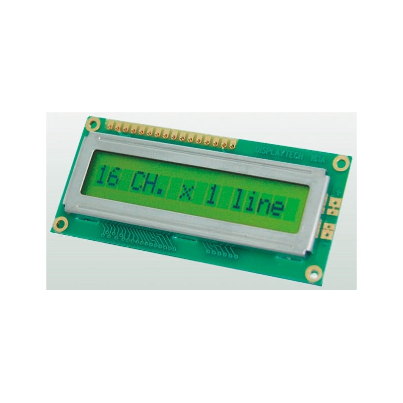 1 pcs - Displaytech 161A-BA-BC Alphanumeric LCD Display, Yellow on Green, 1 Row by 16 Characters, Reflective