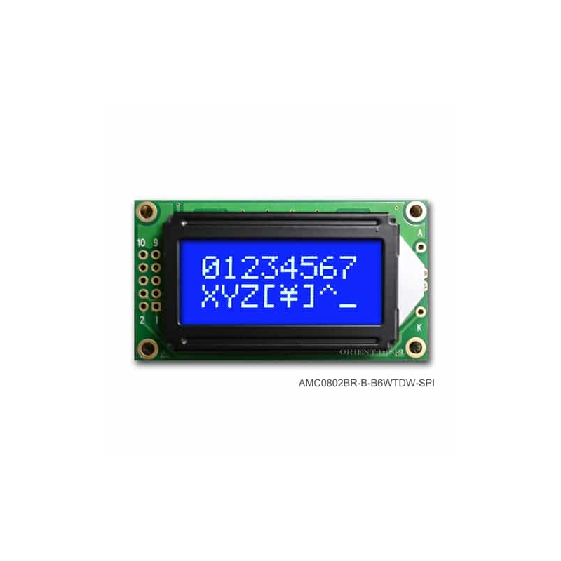 1 pcs : AMC0802BR-B-B6WTDW-SPI - LCD COB CHAR 8X2 BLUE TRANSM SPI