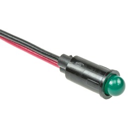 1 pcs - Dialight Green Panel Mount Indicator, 5V dc, 6.4mm Mounting Hole Size, Lead Wires Termination