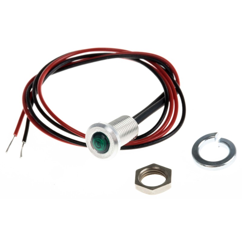 1 pcs - Oxley Green Panel Mount Indicator, 3.6V, 6.4mm Mounting Hole Size, Lead Wires Termination, IP66