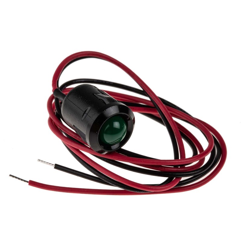 1 pcs - RS PRO Green Panel Mount Indicator, 12V dc, 12mm Mounting Hole Size, Lead Wires Termination