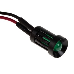 1 pcs - RS PRO Green Panel Mount Indicator, 12V dc, 8mm Mounting Hole Size, Lead Wires Termination