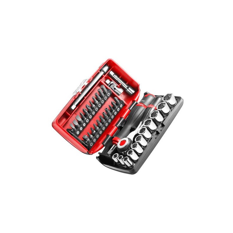 1 pcs - Facom 38-Piece Metric 1/4 in Standard Socket/Bit Set with Ratchet, 6 point, Hex Bit, Phillips Bit, Pozidriv Bit,