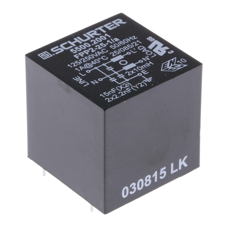 1 pcs - Schurter, FPP2 1A 250 V ac 60Hz, Through Hole RFI Filter, Pin, Single Phase