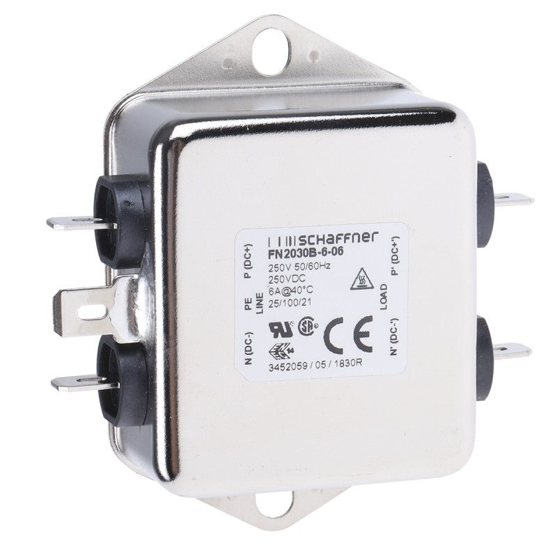 1 pcs - Schaffner, FN2030 6A 250 V ac/dc 400Hz, Chassis Mount EMI Filter, Fast-On, Single Phase