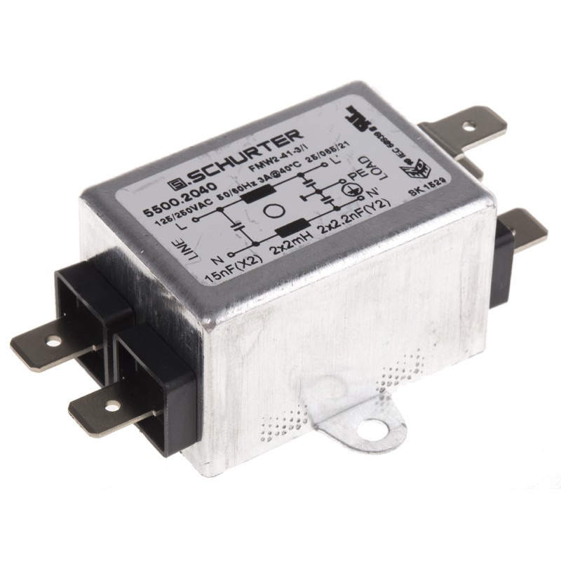 1 pcs - Schurter, FMW2 3A 250 V ac 60Hz, Panel Mount RFI Filter, Solder Tab, Single Phase