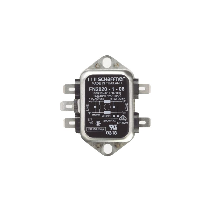 1 pcs - Schaffner, FN2020 1A 250 V ac/dc 400Hz, Chassis Mount EMI Filter, Fast-On, Single Phase