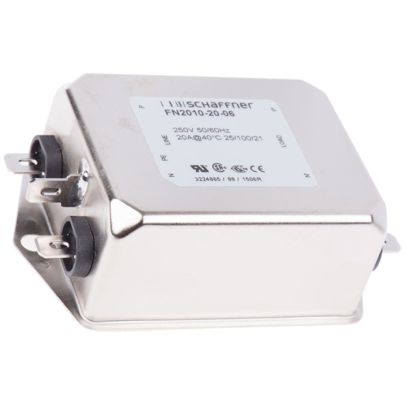 1 pcs - Schaffner, FN2010 20A 250 V ac/dc 0 - 400Hz, Chassis Mount EMI Filter, Fast-On, Single Phase