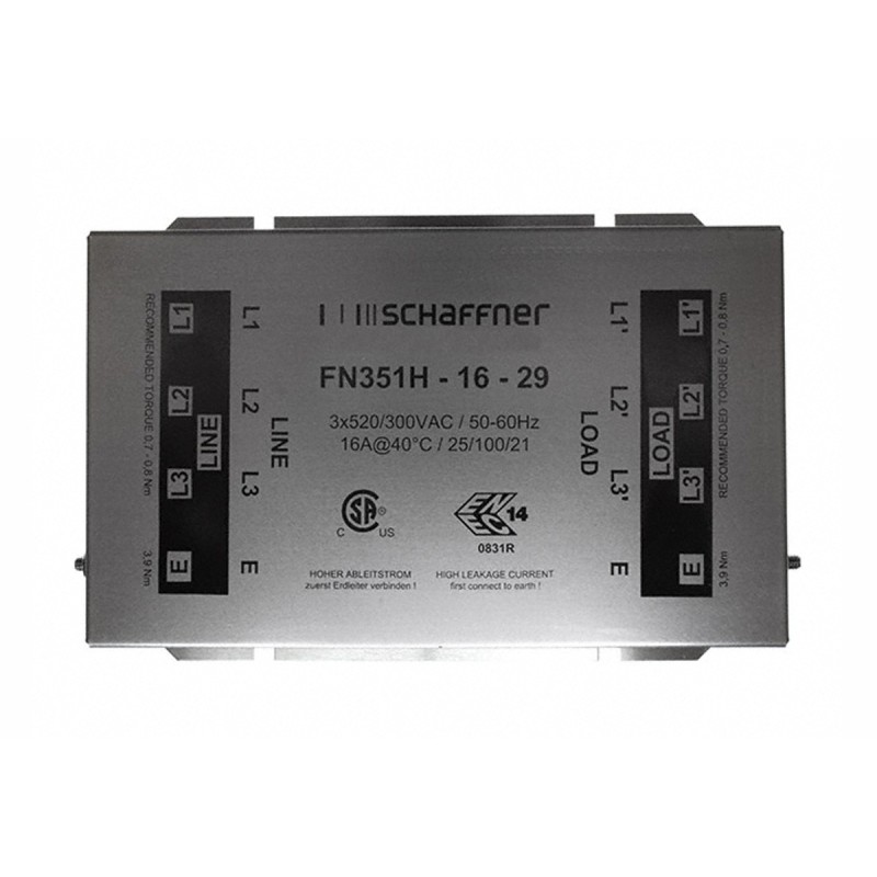 1 pcs - Schaffner, FN351 16A 520/300 V ac 0 - 60Hz, Chassis Mount EMC Filter, Terminal Block 3 Phase