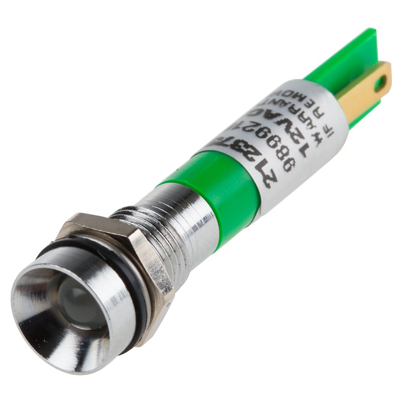 1 pcs - RS PRO Green Panel Mount Indicator, 12V, 8mm Mounting Hole Size, Solder Tab Termination, IP67