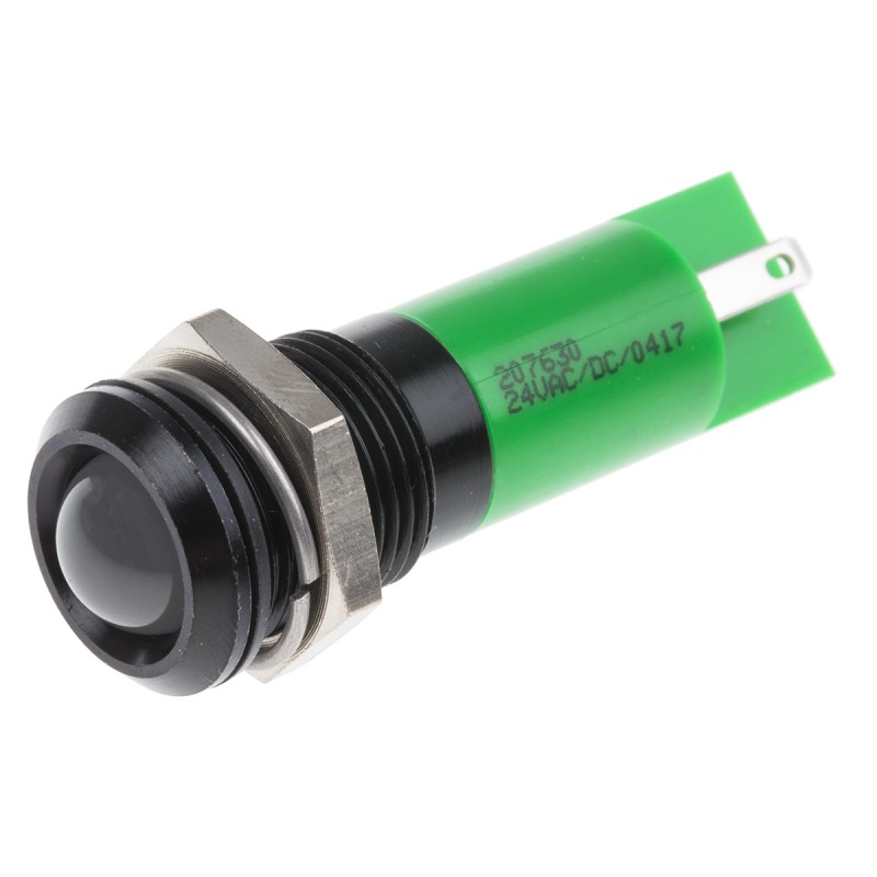 1 pcs - RS PRO Green Panel Mount Indicator, 14mm Mounting Hole Size, Solder Tab Termination, IP67