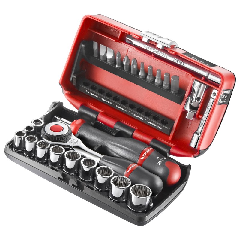 1 pcs - Facom 27-Piece Imperial 1/4 in Standard Socket/Bit Set with Ratchet, 12 point, Hex Bit, Phillips Bit, Pozidriv Bit,