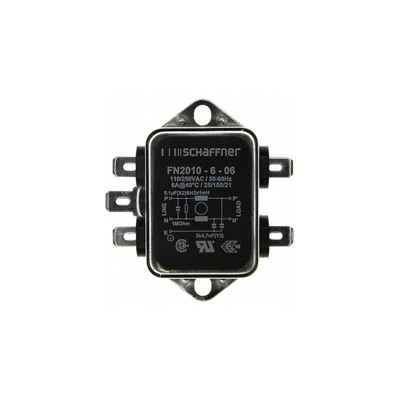 1 pcs - Schaffner, FN2010 6A 250 V ac/dc 0 - 400Hz, Chassis Mount EMI Filter, Fast-On, Single Phase