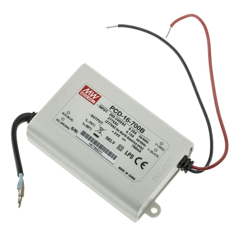 1 pcs - MEAN WELL LED Driver, 16 - 24V Output, 16.8W Output, 700mA Output, Constant Current Dimmable