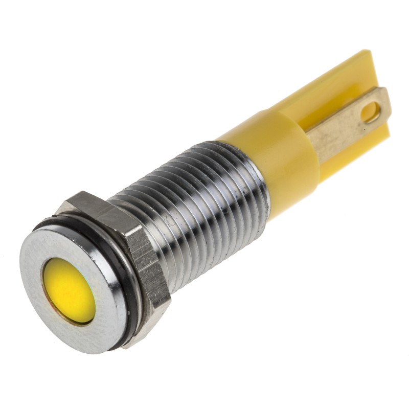 1 pcs - RS PRO Yellow Panel Mount Indicator, 12V dc, 8mm Mounting Hole Size, Faston, Solder Lug Termination, IP67