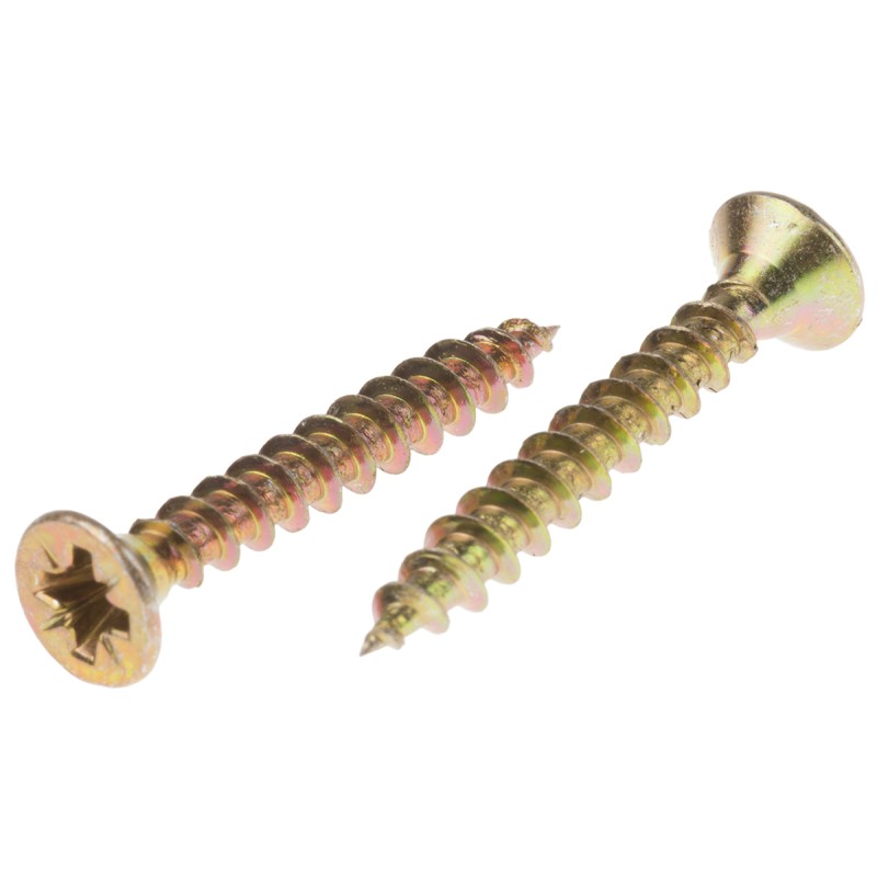 1 Bag of 100 - RS PRO Pozidriv Countersunk Steel Wood Screw Yellow Passivated, Zinc Plated, 4mm Thread, 30mm Length