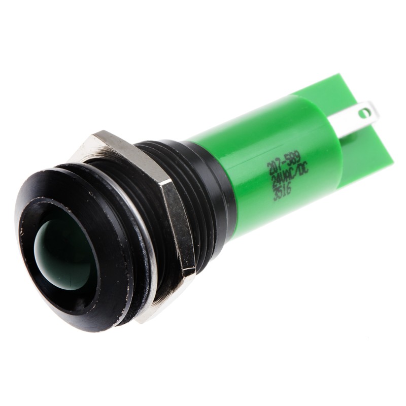 1 pcs - RS PRO Green Panel Mount Indicator, 16mm Mounting Hole Size, Solder Tab Termination