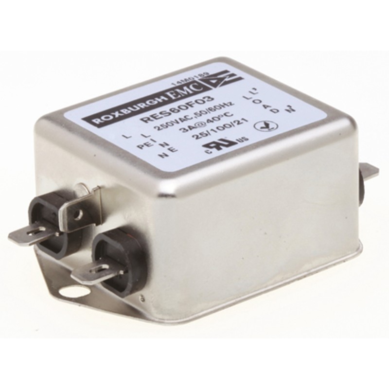 1 pcs - Roxburgh EMC, RES60 3A 250 V ac DC - 400Hz, Chassis Mount RFI Filter, Fast-On, Single Phase