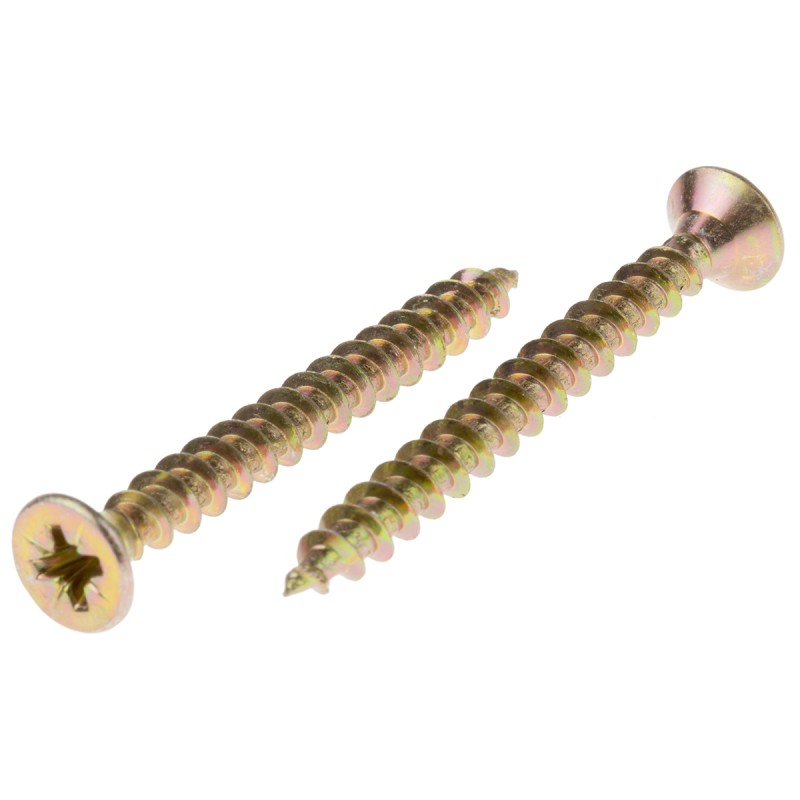 1 Bag of 100 - RS PRO Pozidriv Countersunk Steel Wood Screw Yellow Passivated, Zinc Plated, 5mm Thread, 50mm Length