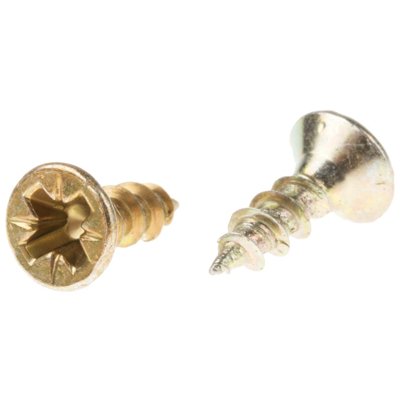 1 Bag of 100 - RS PRO Pozidriv Countersunk Steel Wood Screw Yellow Passivated, Zinc Plated, 3.5mm Thread, 12mm Length