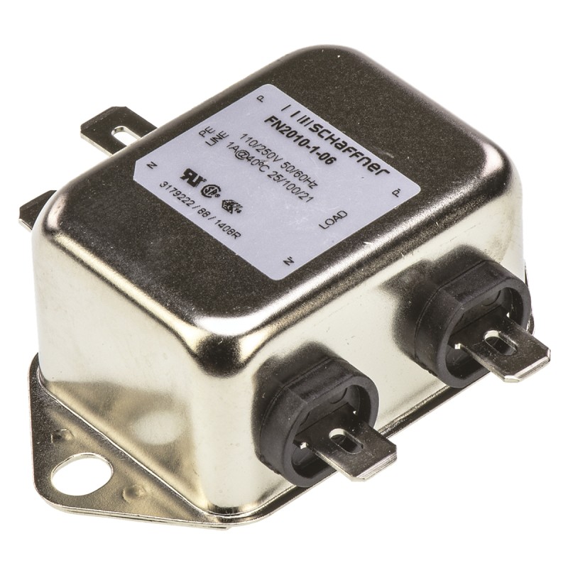 1 pcs - Schaffner, FN2010 1A 250 V ac/dc 0 - 400Hz, Chassis Mount EMI Filter, Fast-On, Single Phase