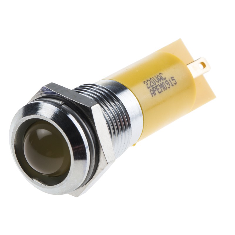 1 pcs - RS PRO Yellow Panel Mount Indicator, 220V ac, 14mm Mounting Hole Size, Faston, Solder Lug Termination, IP67