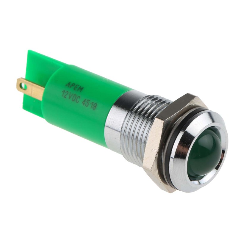 1 pcs - RS PRO Green Panel Mount Indicator, 12V, 14mm Mounting Hole Size, IP67