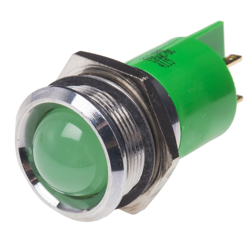 1 pcs - RS PRO Green Panel Mount Indicator, 12V, 22mm Mounting Hole Size, Solder Tab Termination
