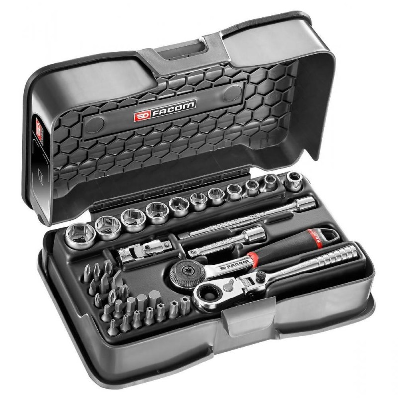 1 pcs - Facom 37-Piece Metric 1/4 in Standard Socket/Bit Set with Ratchet, 6 point, Hex Bit, Phillips Bit, Pozidriv Bit,