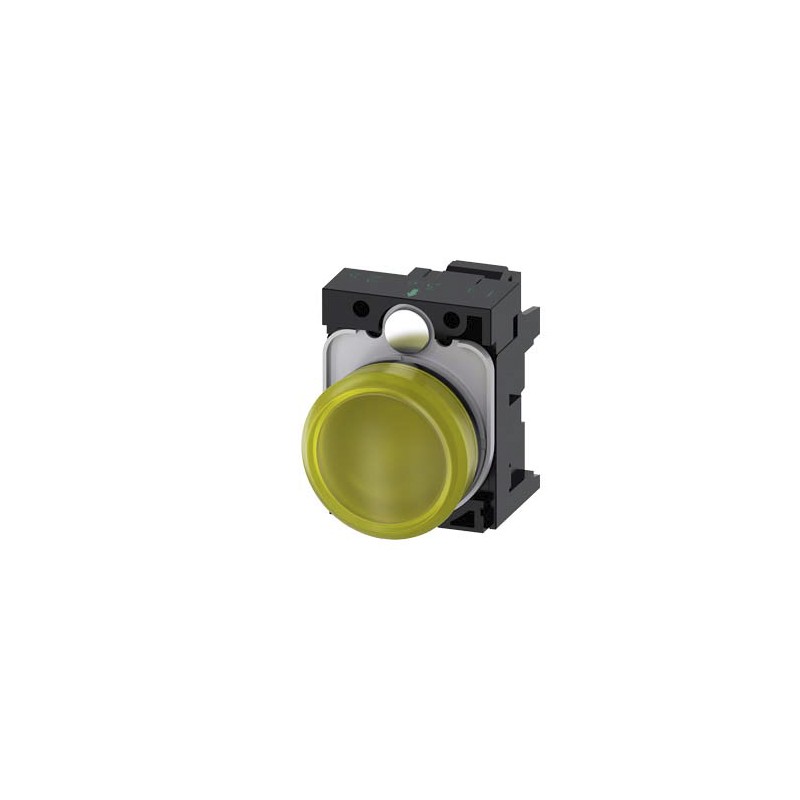1 pcs - Siemens, 3SU1, Panel Mount Yellow LED Indicator, 22mm Cutout, Round, 24V ac/dc