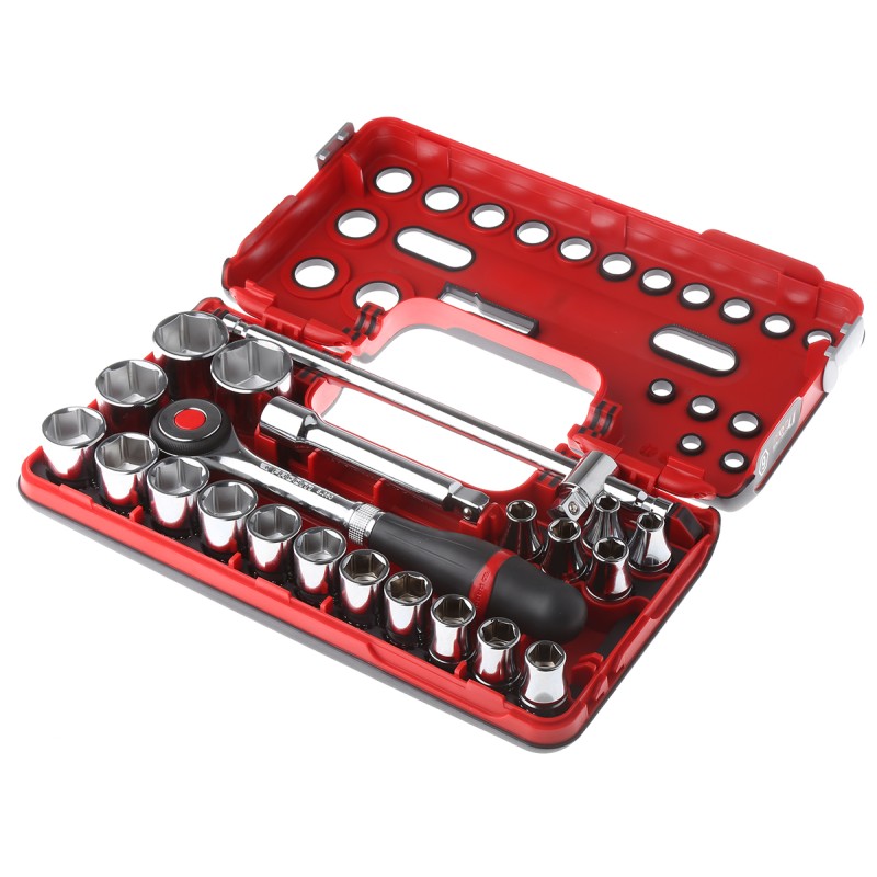 1 pcs - Facom 22-Piece Metric 1/2 in Standard Socket Set with Ratchet, 6 point