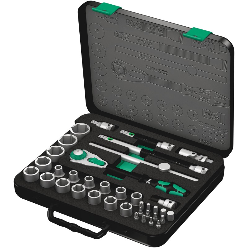 1 pcs - Wera 37-Piece Metric 1/2 in Standard Socket/Bit Set with Ratchet, 6 point, Hex Bit, Phillips Bit, Pozidriv Bit, Torx Bit