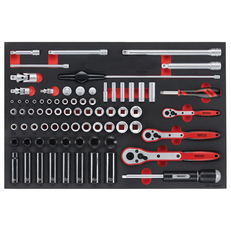 1 pcs - Teng Tools 77-Piece Metric 1/2 in, 1/4 in, 3/8 in Deep Socket/Standard Socket Set with Ratchet, 6 point, 12 point