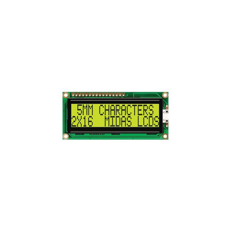 1 pcs - Midas MC21605G6WD-SPTLY-V2 G Alphanumeric LCD Display Yellow-Green, 2 Rows by 16 Characters, Transflective