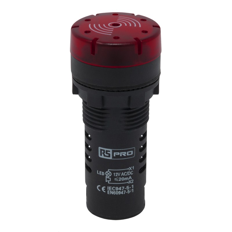 1 pcs - RS PRO, Panel Mount Red LED Pilot Light, 22mm Cutout, IP30, Round, 12V ac/dc