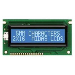 1 pcs - Midas MC21605A6WD-BNMLW-V2 Alphanumeric LCD Display, Blue on Blue, 2 Rows by 16 Characters, Transmissive