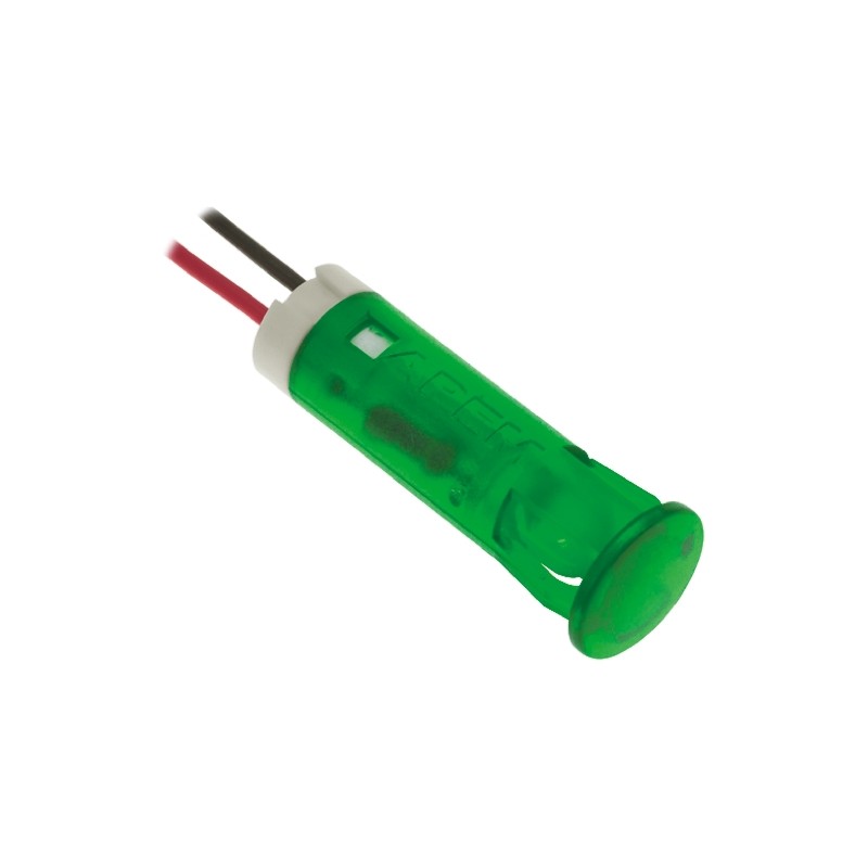 1 pcs - APEM Green Panel Mount Indicator, 12V dc, 8mm Mounting Hole Size, Lead Wires Termination