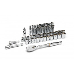 1 Set - GearWrench 49-Piece Imperial, Metric 1/2 in Deep Socket/Standard Socket Set with Ratchet, 6 point