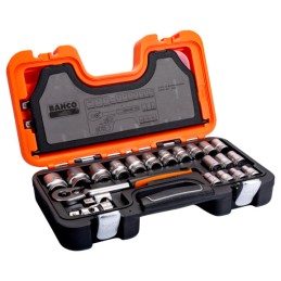 1 Set - Bahco 24-Piece Metric 1/2 in Standard Socket Set with Ratchet, 6 point