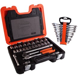 1 Set - Bahco 40-Piece Metric 1/2 in Standard Socket/Spanner Set with Ratchet, 6 point