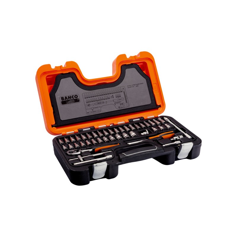 1 Set - Bahco 46-Piece Metric 1/4 in Standard Socket/Allen Key/Bit Set with Ratchet, 6 point, e-Torx, Hex Bit, Phillips Bit,