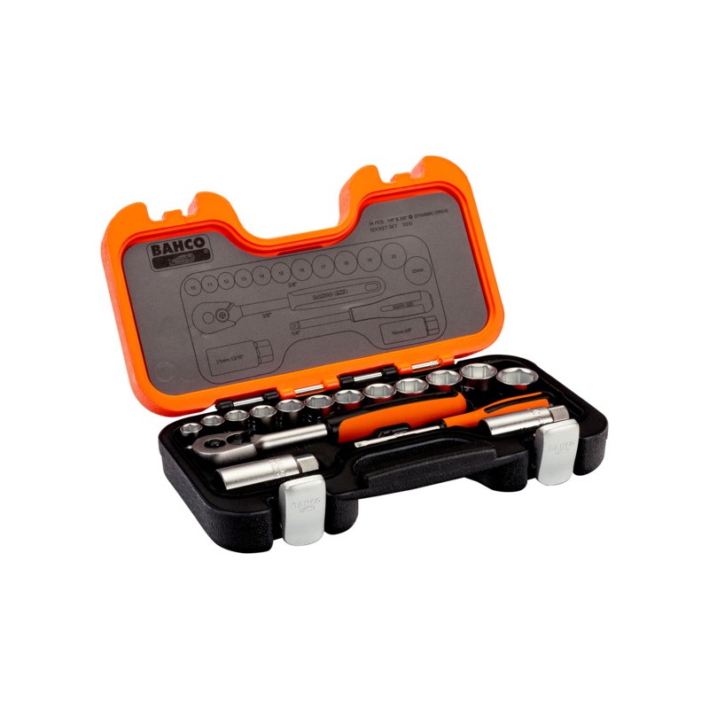 1 Set - Bahco 34-Piece Metric 1/4 in, 3/8 in Standard Socket/Bit Set with Ratchet, 6 point, Hex Bit, Phillips Bit, Slotted Bit