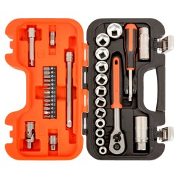 1 Set - Bahco 34-Piece Metric 1/4 in, 3/8 in Standard Socket/Bit Set with Ratchet, 6 point, Hex Bit, Phillips Bit, Slotted Bit